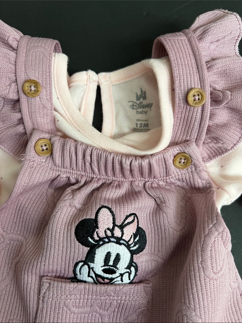 Disney Minnie Mouse Dusty Pink Bow Overalls Set - Picture 2 of 3